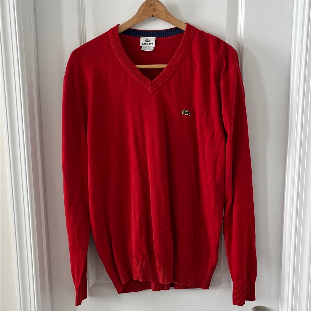 Lacoste Men's V-Neck Sweater in Bold Red